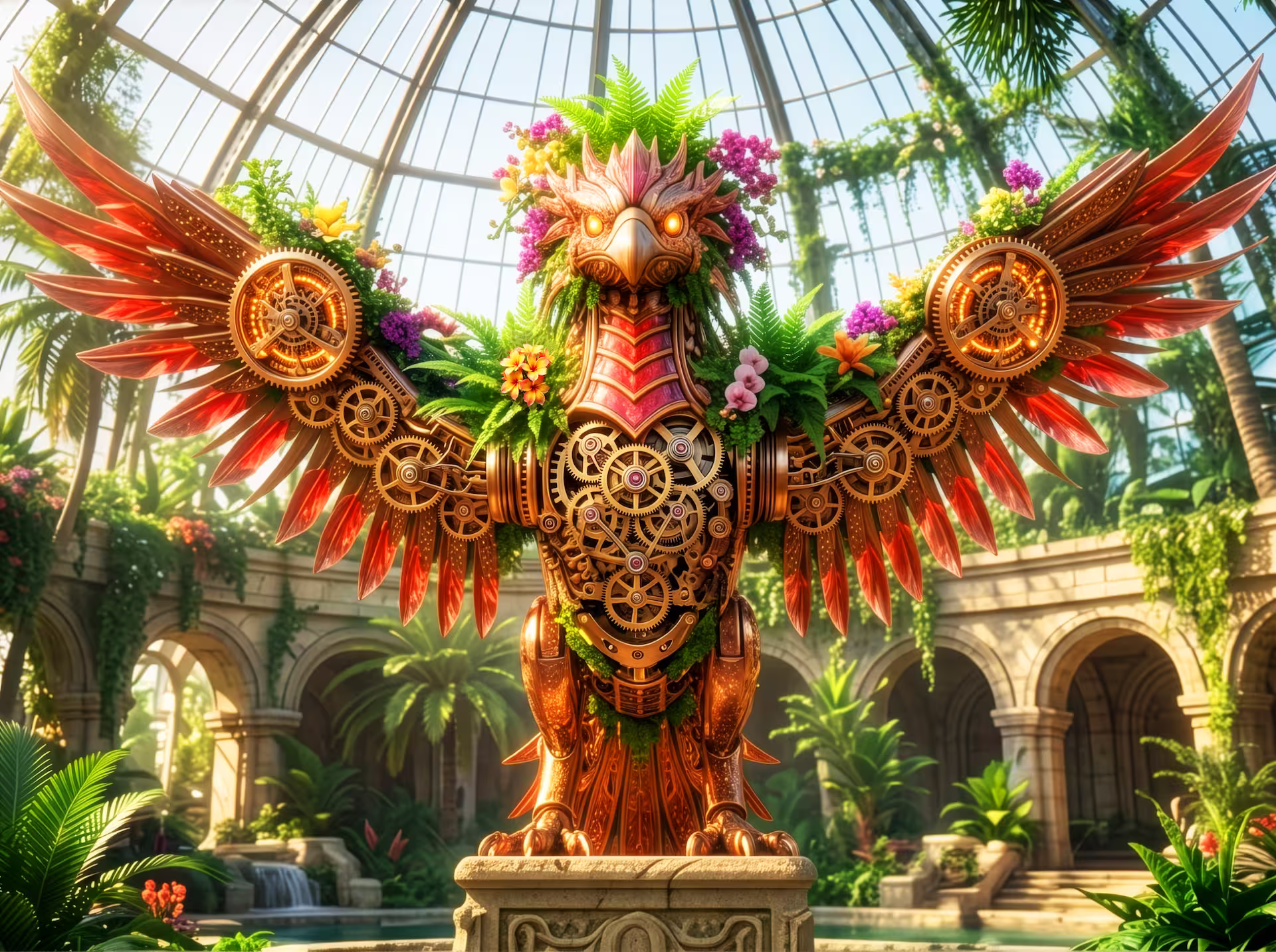 Cozy-Steampunk-Puzzle. Eine hochdetaillierte 3D-Illustration eines majestätischen mechanischen Phönix aus poliertem Kupfer, Messing und kunstvollen Zahnrädern. Der metallische Vogel besitzt leuchtend orange Augen und innen beleuchtete Mechanismen in seinen Flügeln. Er ist wunderschön von kräftig grünen Farnen und farbenfrohen tropischen Blumen überwachsen. Der Vogel steht auf einem Steinsockel in einem großen, sonnendurchfluteten Gewächshaus aus Glas, das mit üppigen tropischen Pflanzen, Palmen und eleganten Steinbögen gefüllt ist.