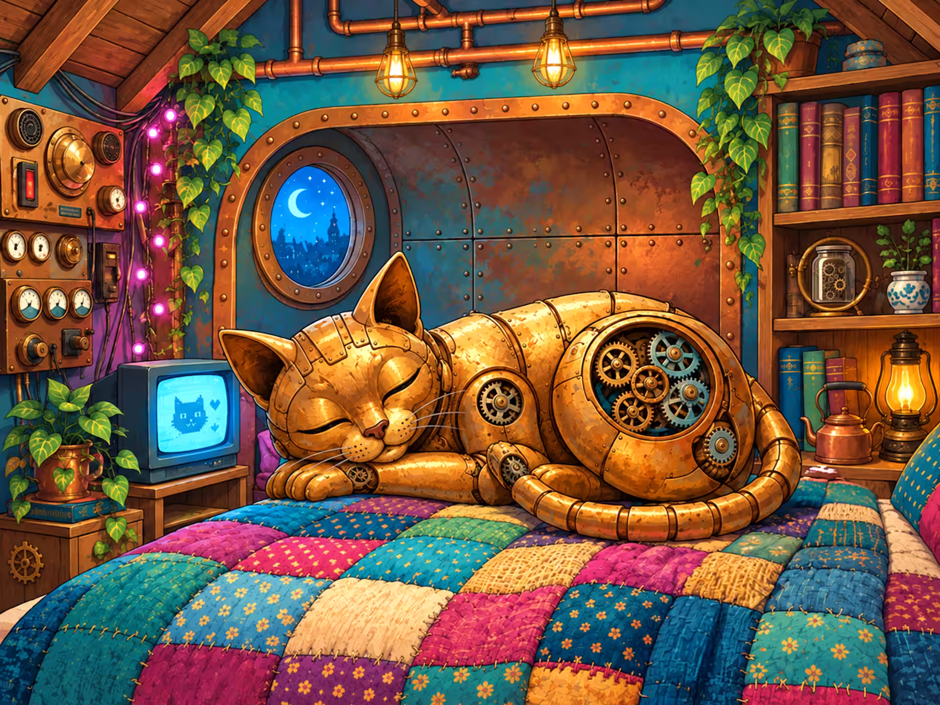 Cozy Steampunk jigsaw puzzle. A magnificent mechanical clockwork cat made of polished brass and gold metal rests on a colorful patchwork quilt inside a Cozy Steampunk attic bedroom. The robotic cat has glowing yellow eyes and visible spinning gears in its thigh. The room features exposed copper pipes, a bright cyan neon light bar, a retro CRT TV showing static, and a glass cabinet filled with vintage books and a pile of computer microchips.