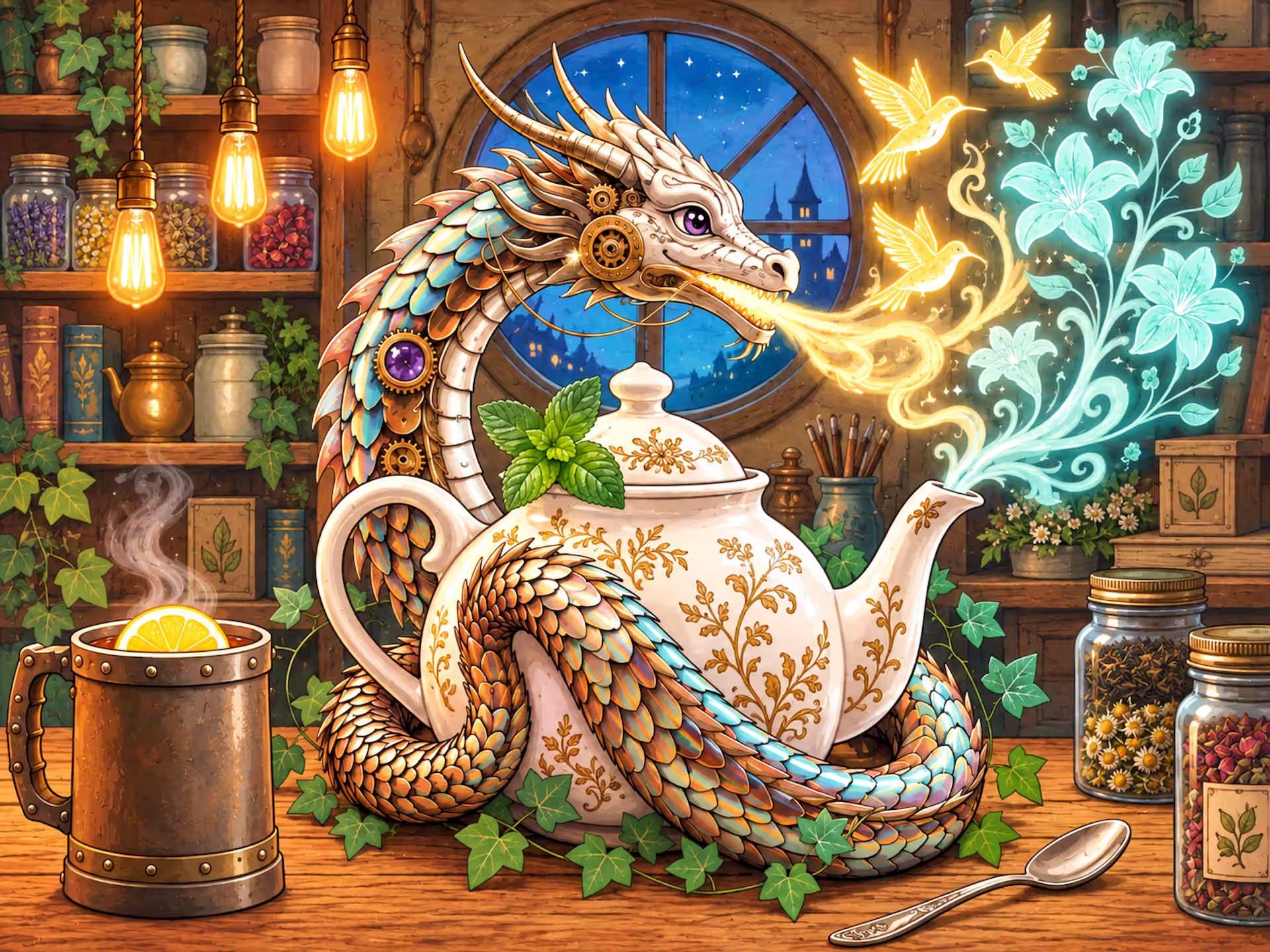 Cozy Steampunk jigsaw puzzle. A sharp, high-contrast Cozy Steampunk scene featuring a detailed mechanical clockwork dragon with iridescent scales and a glowing purple eye wrapped around a white porcelain teapot. Ethereal glowing vapor erupts from the scene: golden hummingbirds fly from the dragon's mouth, and cyan neon flowers bloom from the teapot spout. On the wooden workbench, a rustic metal mug holds a lemon slice next to green ivy and loose gears. The background is a cozy workshop with warm Edison bulbs and glowing jars.