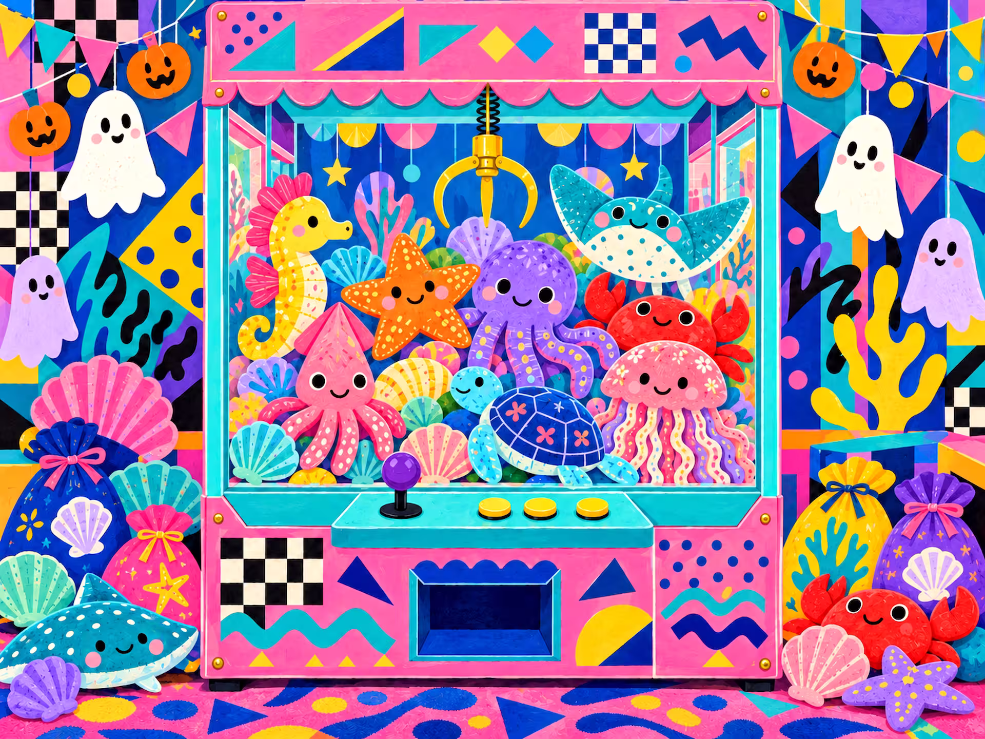 Vaporwave jigsaw puzzle. A colorful Halloween claw machine packed with smiling sea creatures, surrounded by tiny ghosts, pumpkins, shells and bold retro patterns.