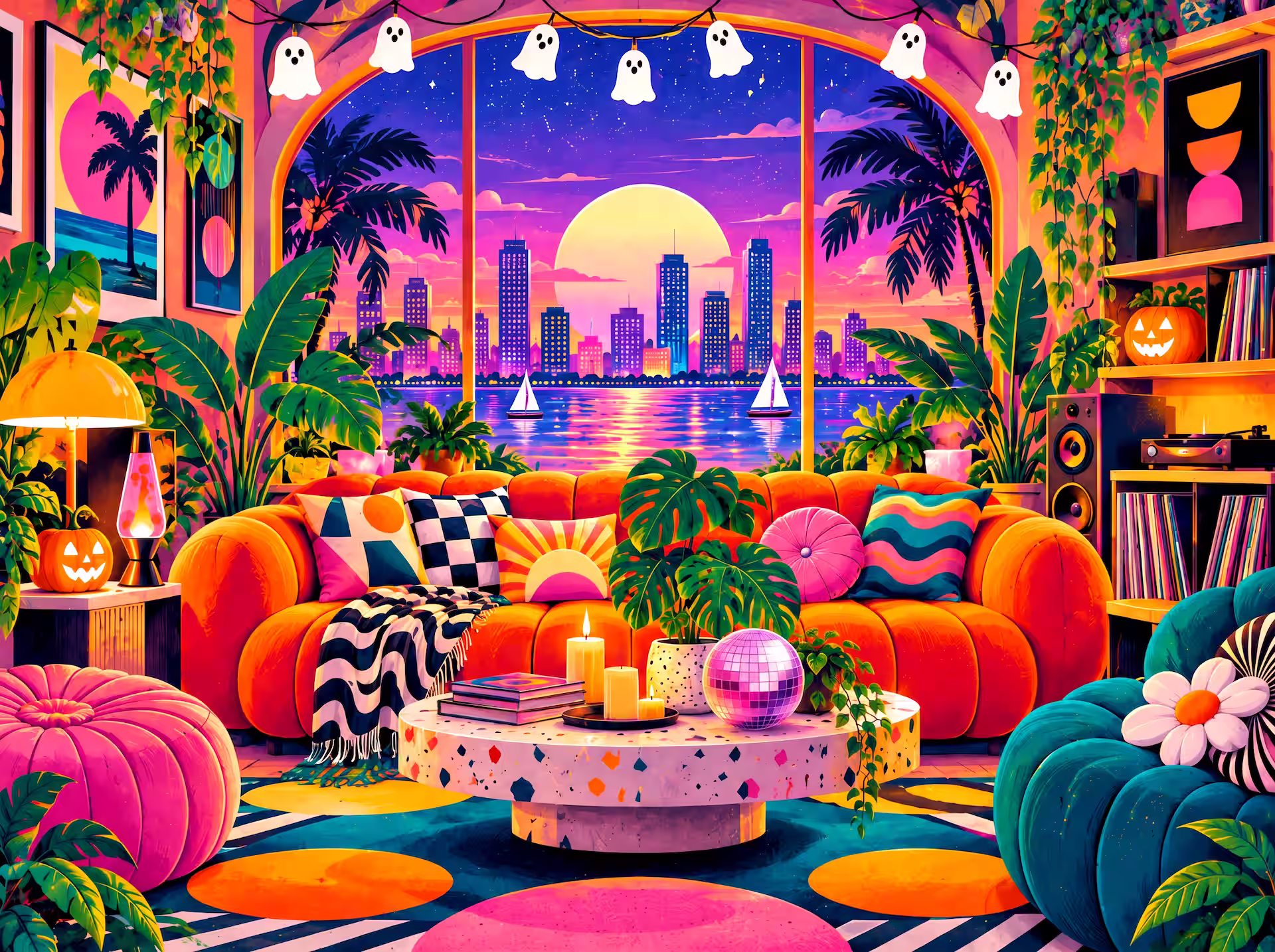 Vaporwave jigsaw puzzle. A colorful vaporwave living room with pumpkins, ghost garlands, a record player, tropical plants and a sunset city view over the water.