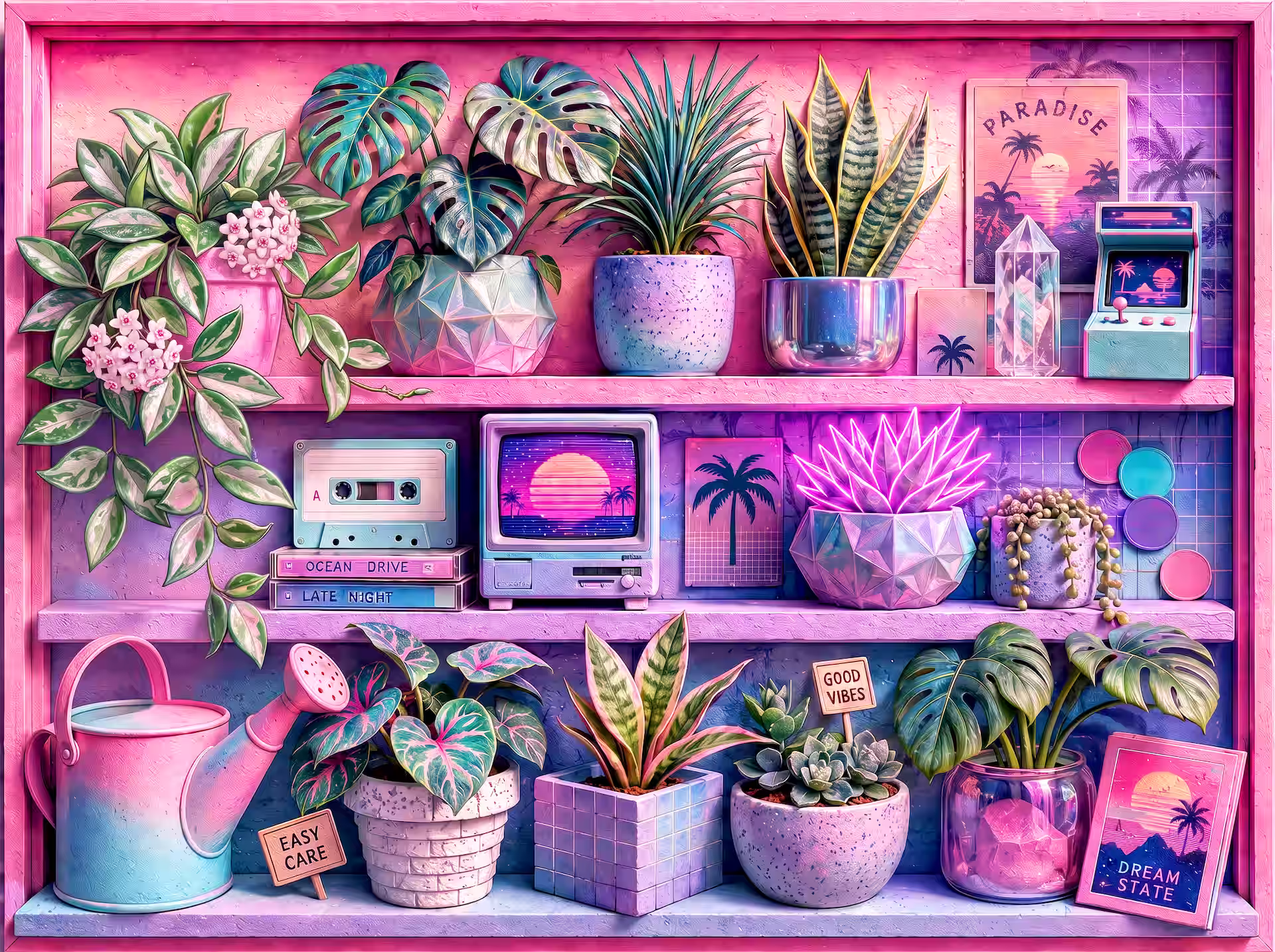 Vaporwave jigsaw puzzle. A pastel shelf of houseplants with retro screens, cassettes, crystals and arcade details in pink and purple tones.