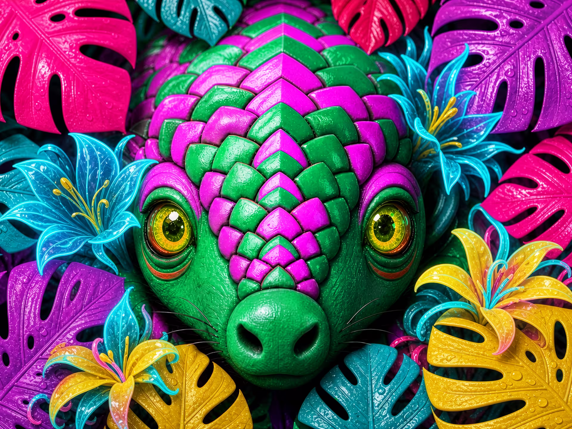 Vaporwave-Puzzle. Eine lebendige 3D-Nahaufnahme eines niedlichen gepanzerten Pangolins in Grün und Magenta mit großen leuchtend gelben Augen. Das Tier ist von glänzenden tropischen Monstera-Blättern und Lilienblüten umgeben, in einer intensiven Vaporwave-Farbpalette aus Pink, leuchtendem Violett, Türkis und Neon-Gelb. Auf jedem Blatt liegen realistische Wassertropfen auf der glänzenden, strukturierten Oberfläche.