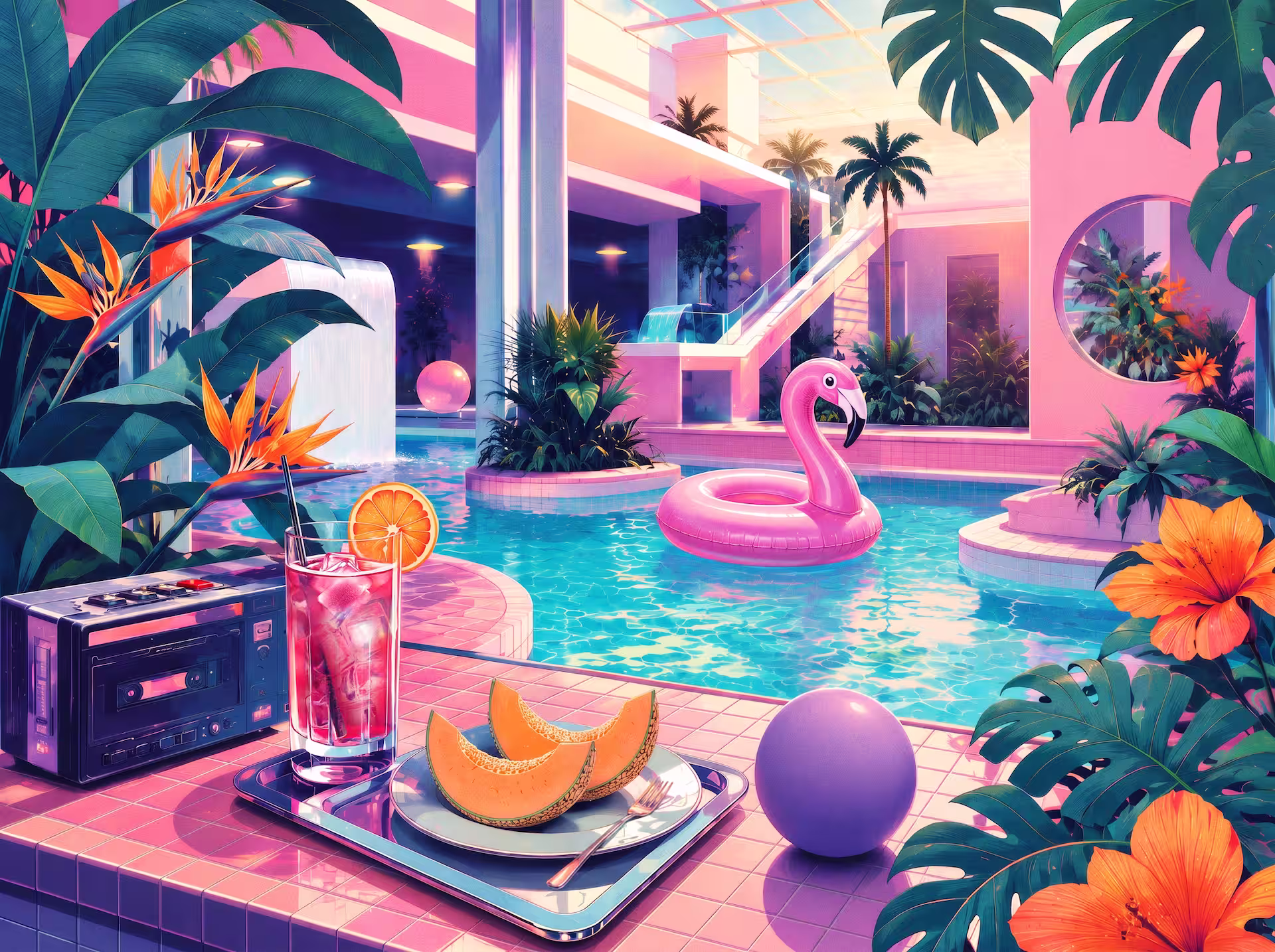 Vaporwave jigsaw puzzle. A pastel poolside scene with tropical plants, a pink flamingo float, a cassette player, melon slices and a bright pink drink beside shimmering water.
