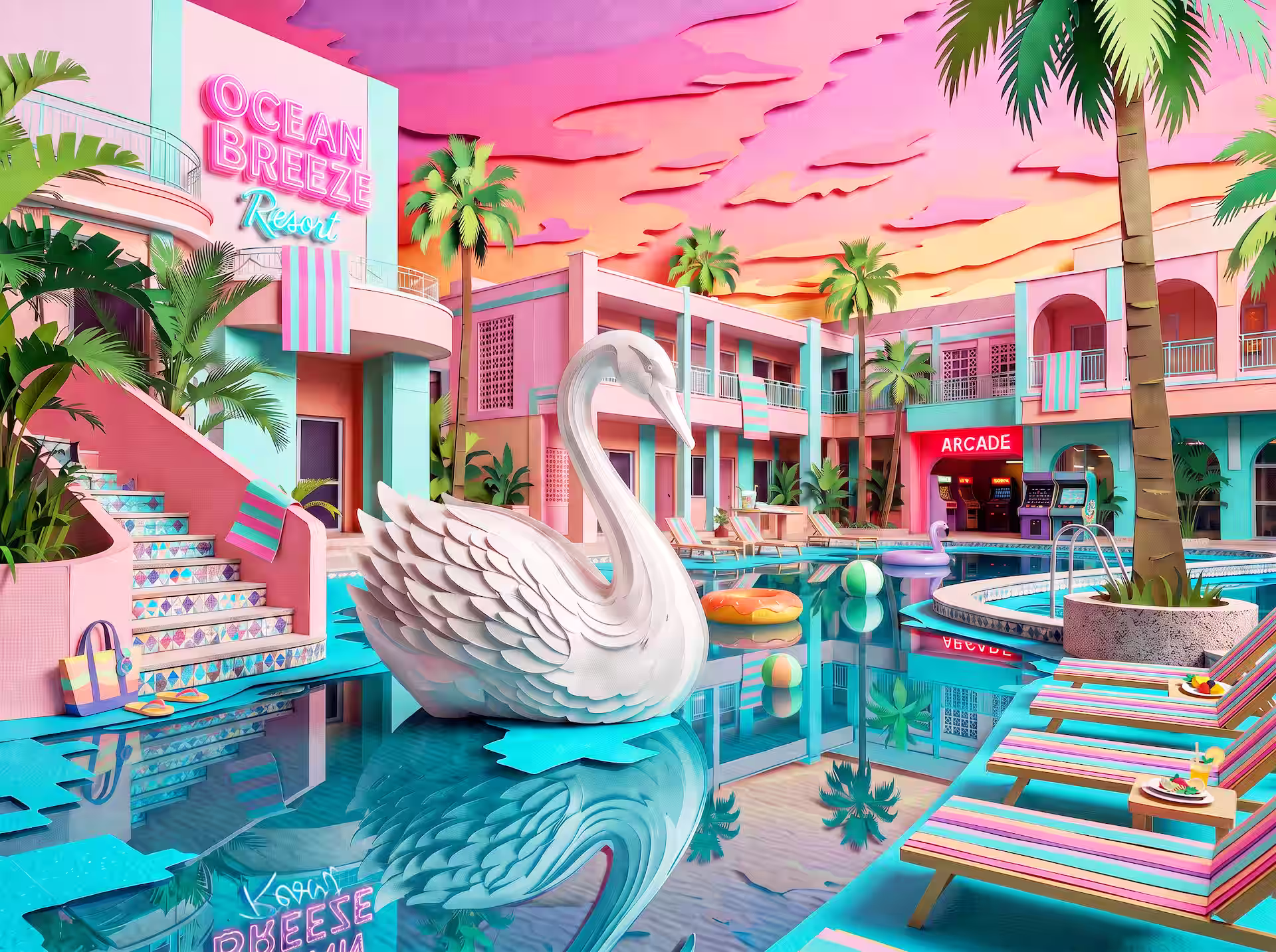 Vaporwave jigsaw puzzle. A pastel resort pool with palm trees, a giant swan float, striped loungers, an arcade and a glowing sunset sky.