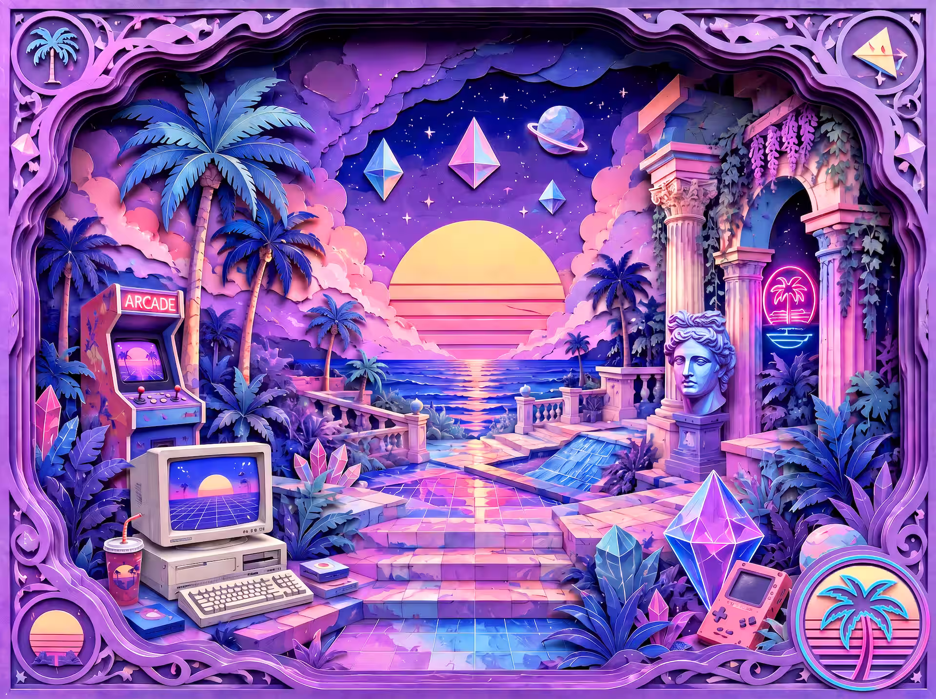 Vaporwave jigsaw puzzle. A retro sunset over the ocean framed by palms, ruins, arcade screens, old computers and pastel crystals.