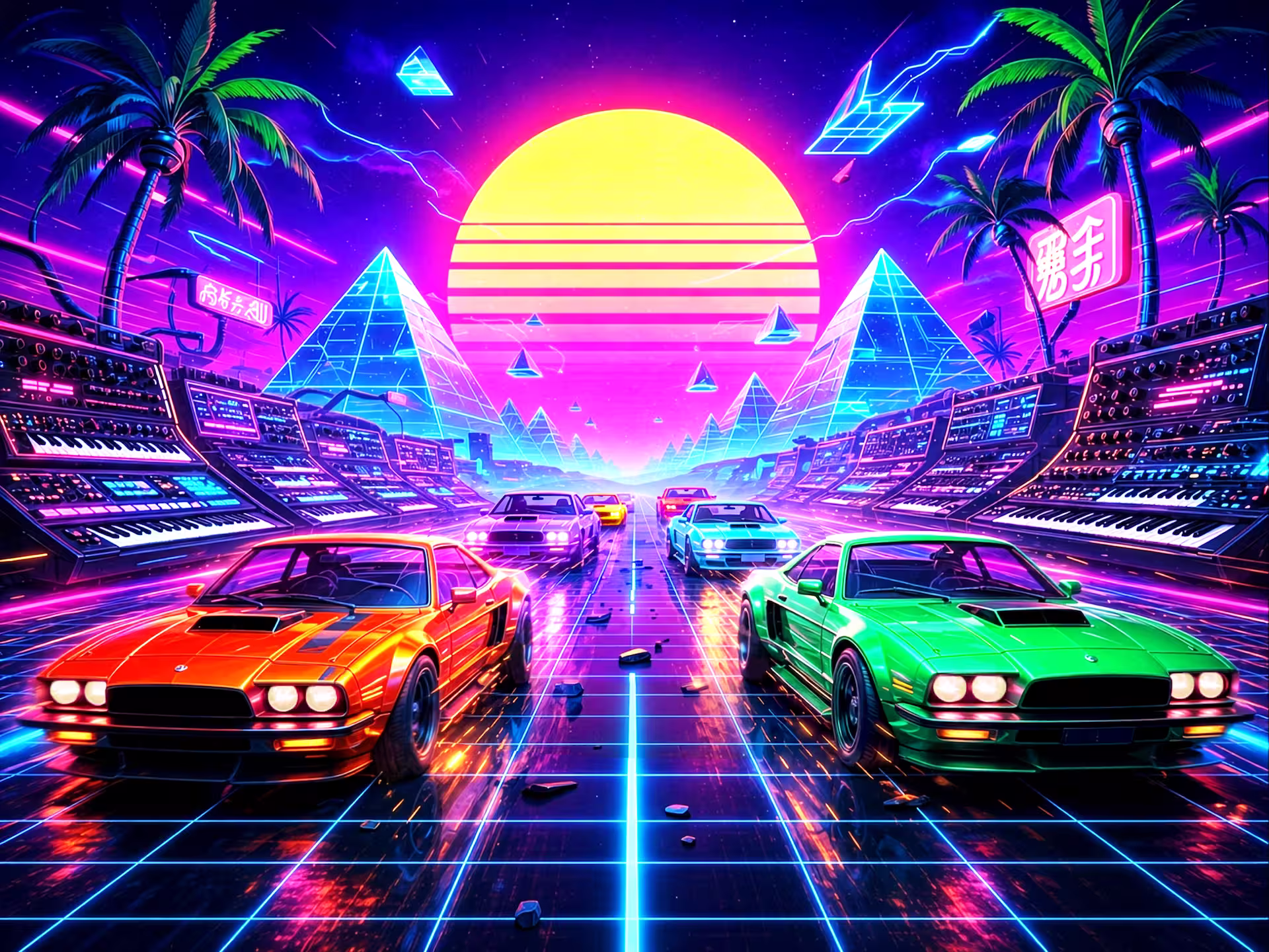 Vaporwave-Puzzle. Eine lebendige Vaporwave- und synthwave-inspirierte retrofuturistische Landschaft mit einer leuchtenden Raster-Highway-Perspektive. Klassische Sportwagen in Rot, Grün, Gelb und Blau fahren auf eine riesige gestreifte untergehende Sonne am Horizont zu. Die Straße ist von Vintage-Synthesizer-Keyboards gesäumt. Neonpinke und grüne Palmen, Drahtgitter-Pyramiden, schwebende leuchtende geometrische Kristalle und japanische Neonschilder rahmen die Szene unter einem dunklen Sternenhimmel.