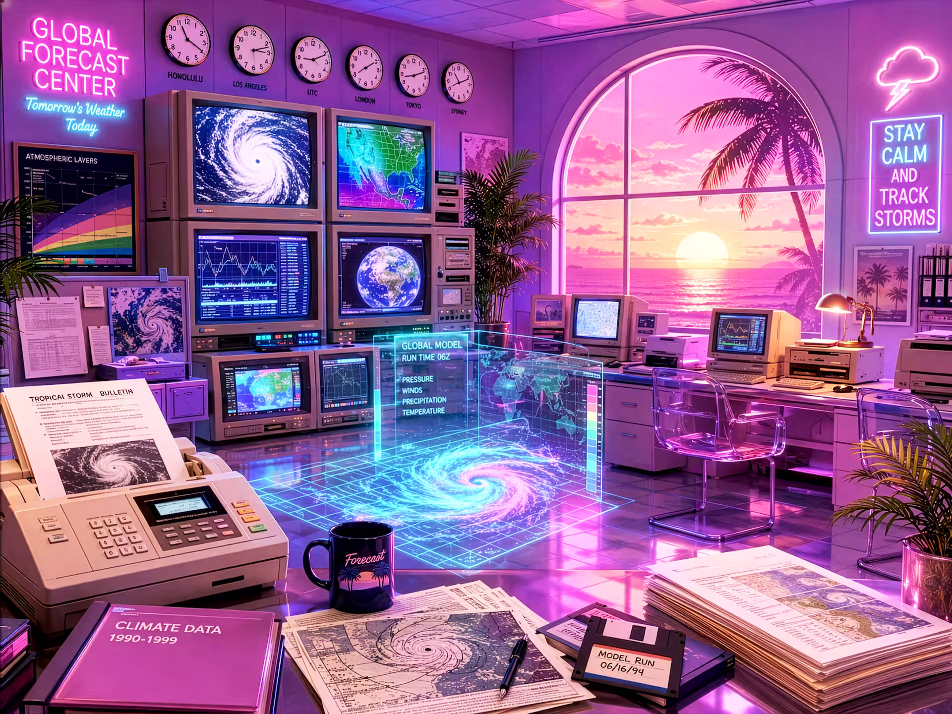 Vaporwave jigsaw puzzle. A retro weather center glowing in pink and purple, with storm maps, old monitors, forecast screens and an ocean sunset beyond the window.