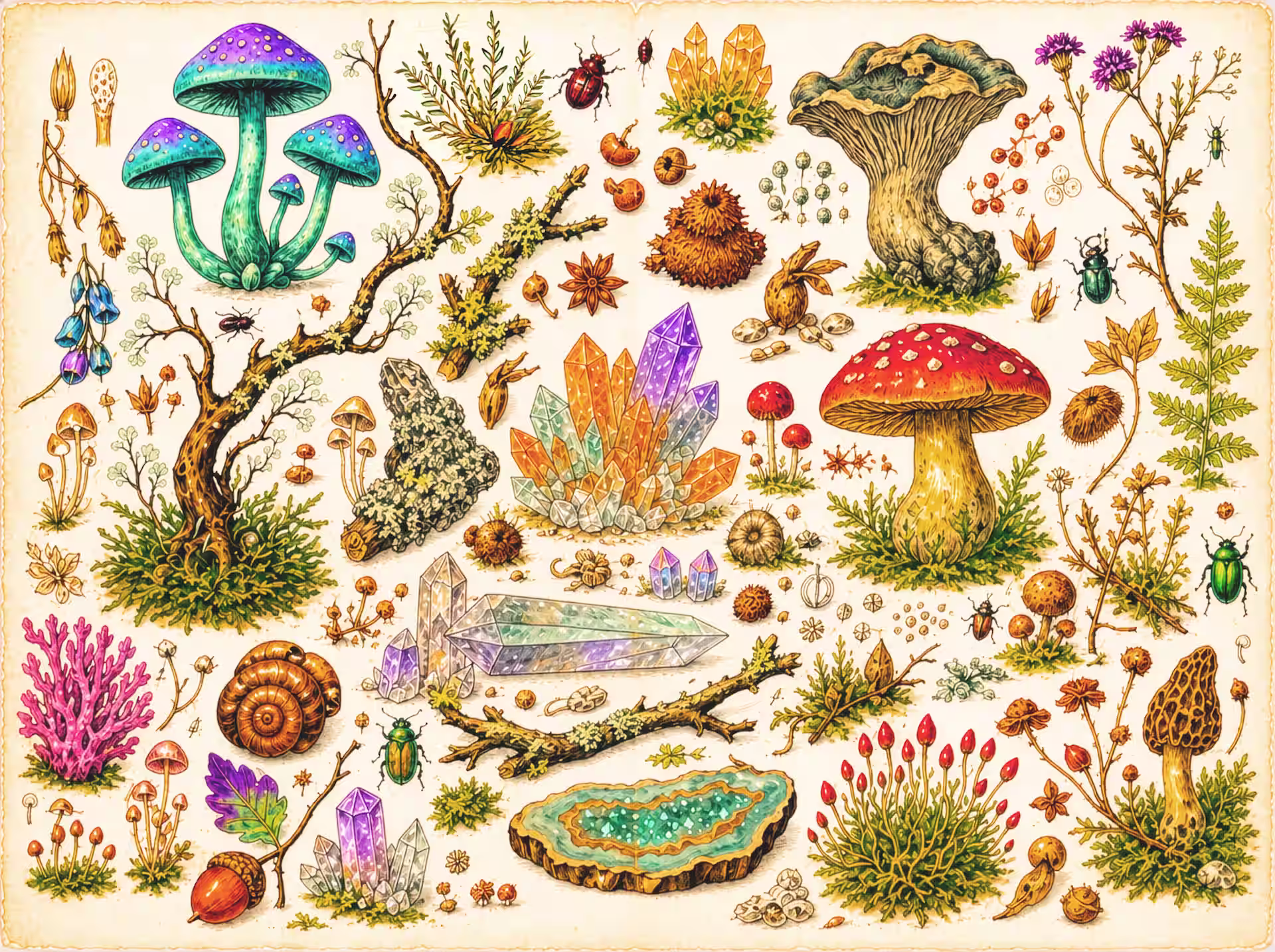 Goblincore-Puzzle. Eine Vintage-Illustration im Stil eines Naturforschers auf Pergamentpapier, die eine Sammlung von Wald- und magischen Elementen zeigt. Die detailreiche Zeichnung enthält violette Fantasiepilze, einen roten Fliegenpilz, eine Morchel, verschiedene grüne Moose und mit Flechten bedeckte Zweige. Leuchtende Kristalle in Violett, Orange und Grün liegen zwischen dem Blattwerk. Über die ganze Komposition verteilt finden sich kleine Details wie Käfer, ein Schneckenhaus, Eicheln, trockene Blätter und Samen, alles in einem klassischen, fein ausgearbeiteten botanischen Stil gezeichnet.