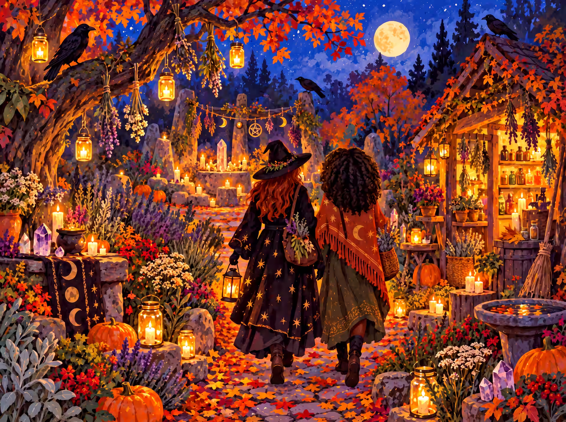 Witchcore jigsaw puzzle. Two witchy figures walk through a glowing autumn garden toward a candlelit stone circle, with lanterns, pumpkins, ravens, herbs and crystals under the full moon.