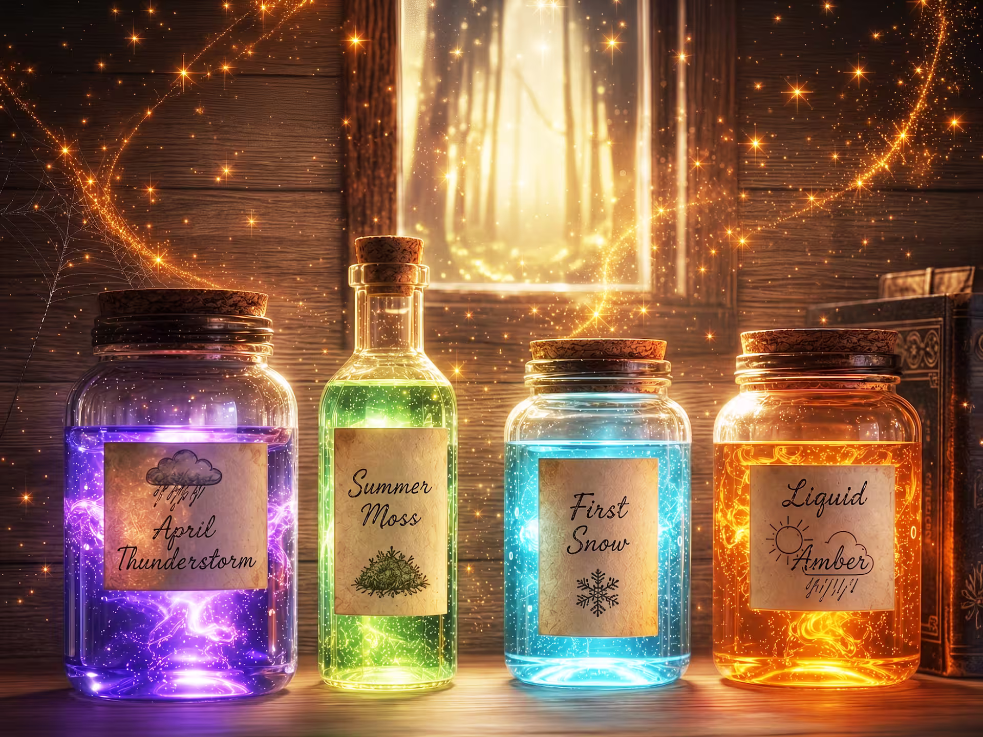Witchcore-Puzzle. Eine hochdetaillierte 3D-Illustration von vier gläsernen Apothekergefäßen, gefüllt mit leuchtenden magischen Elementen, auf einem rustikalen Holztisch. Von links nach rechts: ein violettes Glas mit Blitzen im Inneren, beschriftet mit „April Thunderstorm“; eine hohe grüne Flasche mit der Aufschrift „Summer Moss“; ein blaues Glas mit der Aufschrift „First Snow“; und ein oranges Glas mit der Aufschrift „Liquid Amber“. Goldene magische Funken und Sternenstaub schweben leuchtend durch die Luft. Im Hintergrund bilden eine warme Holzwand und ein glühendes Fenster mit Blick auf einen magischen Wald die Szene.