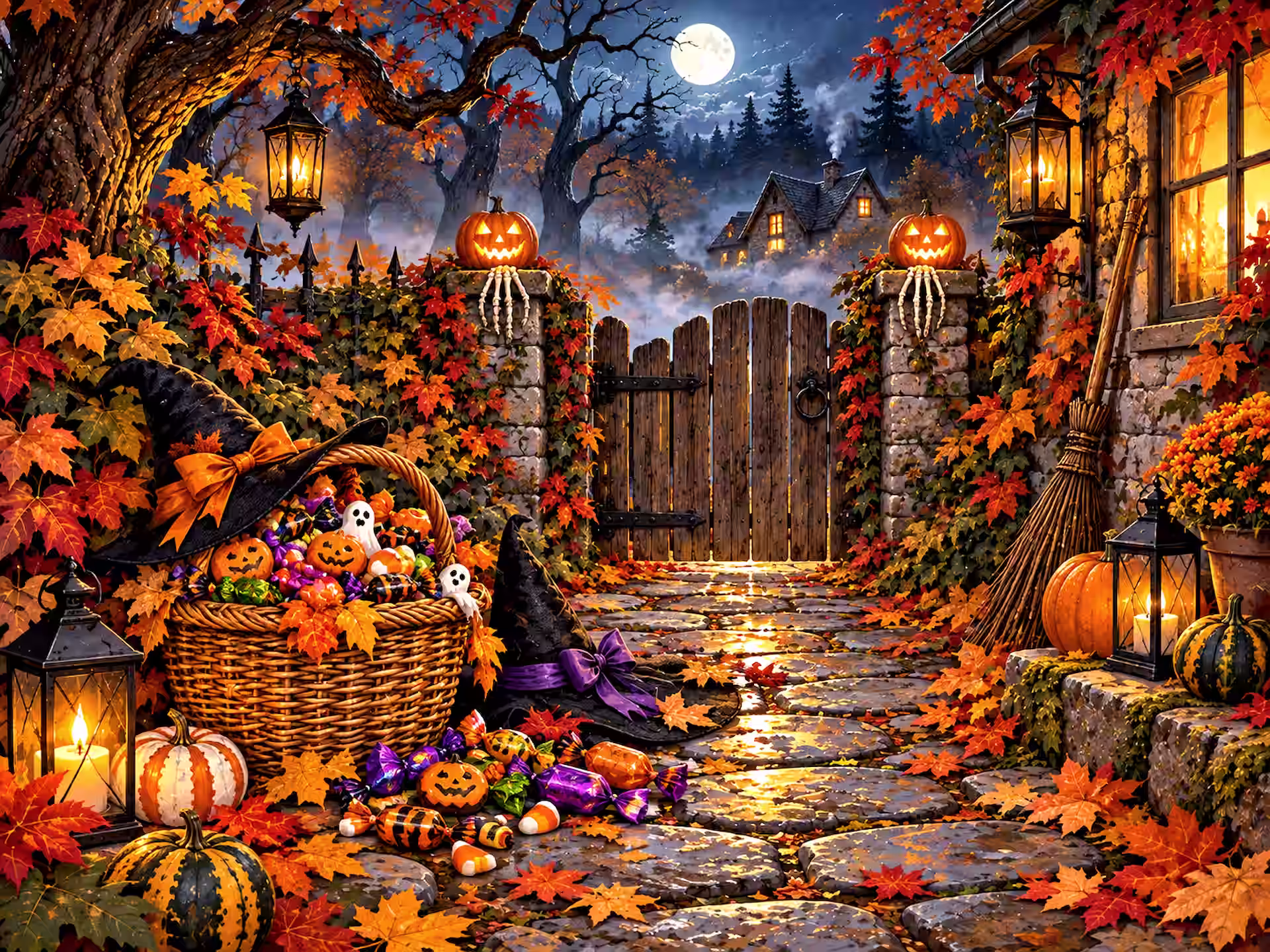 Witchcore jigsaw puzzle. A moonlit Halloween garden gate with glowing pumpkins, lanterns, witch hats, a candy basket and a broom outside a cozy autumn cottage.