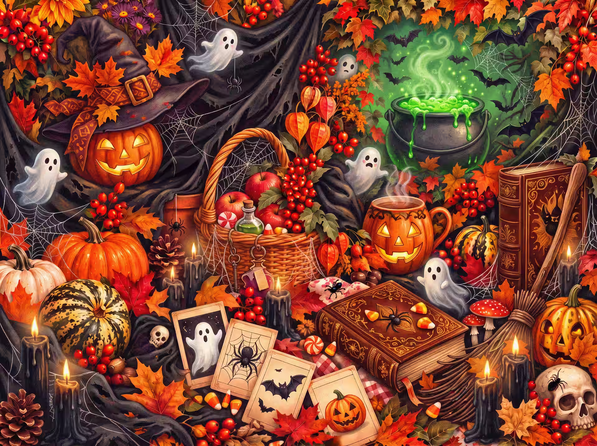 Witchcore jigsaw puzzle. A richly decorated Halloween scene with glowing pumpkins, a bubbling green cauldron, witch hats, candles, spell books, candy and tiny ghosts among autumn leaves.
