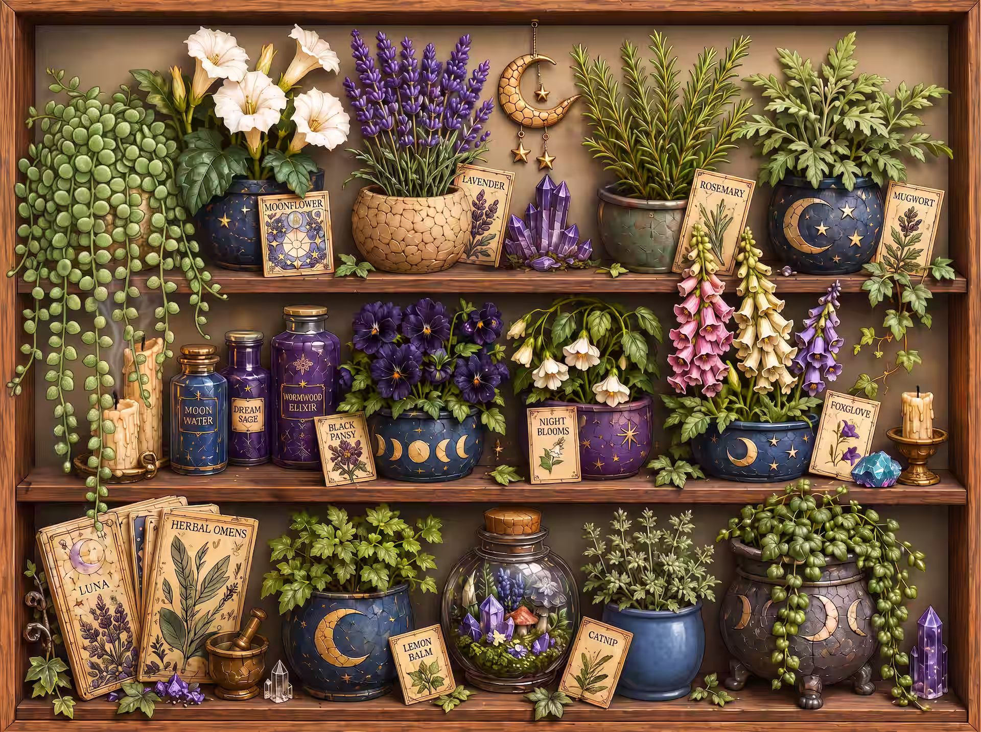 Witchcore jigsaw puzzle. A wooden shelf of magical herbs and houseplants, with moon-marked pots, potion bottles, crystals, candles and botanical cards.