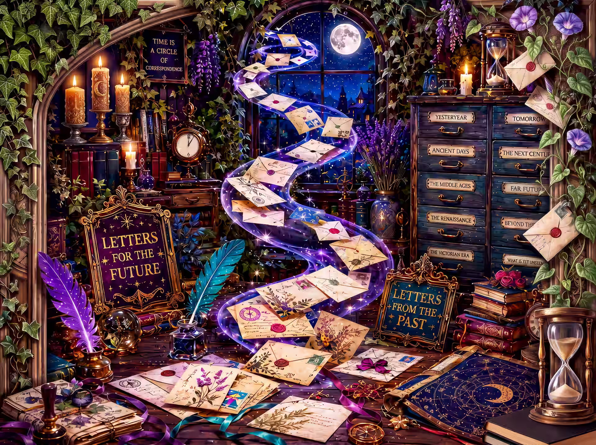Witchcore jigsaw puzzle. A moonlit study where glowing letters spiral through an open window between drawers of past and future correspondence.