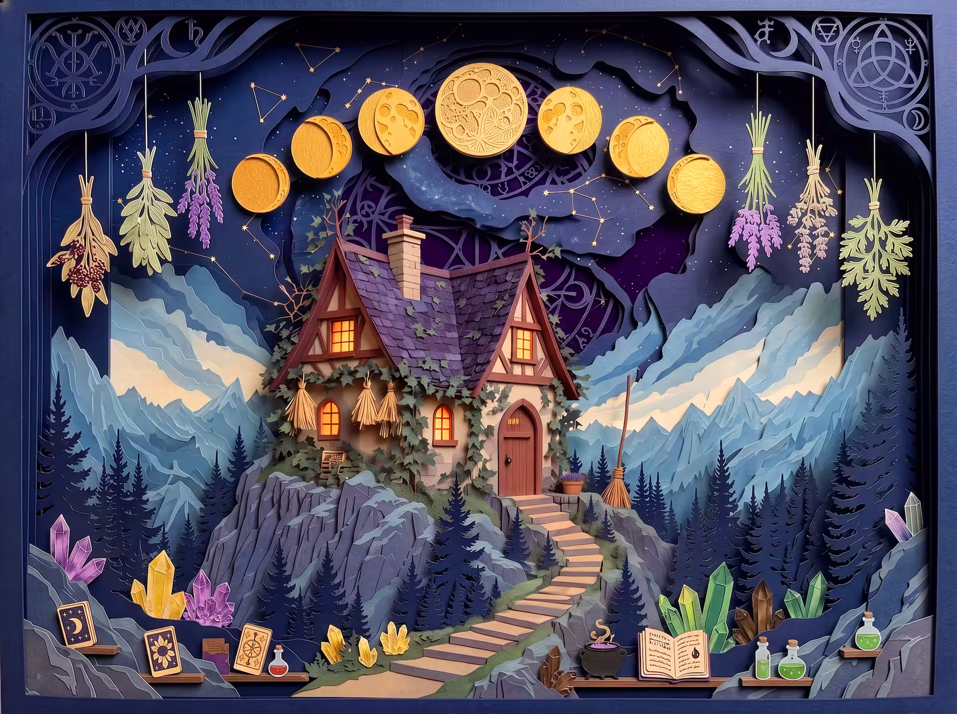 Witchcore jigsaw puzzle. A witchcore mountain cottage beneath moon phases, surrounded by hanging herbs, crystals, tarot cards, potion bottles and a cauldron.
