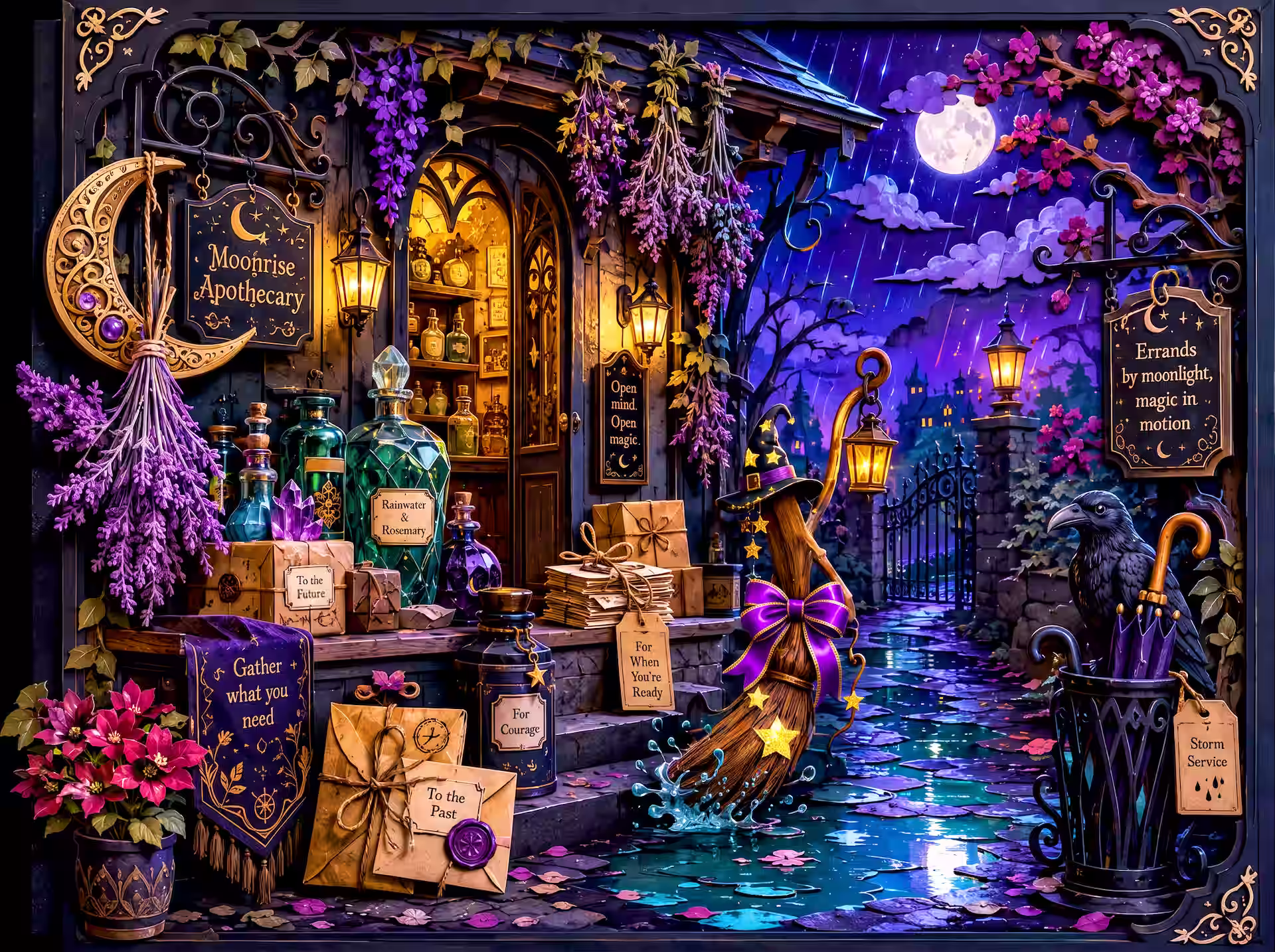 Witchcore jigsaw puzzle. A moonlit apothecary porch with glowing bottles, tied letters, lanterns, a broom, a raven and rain-slicked stones.