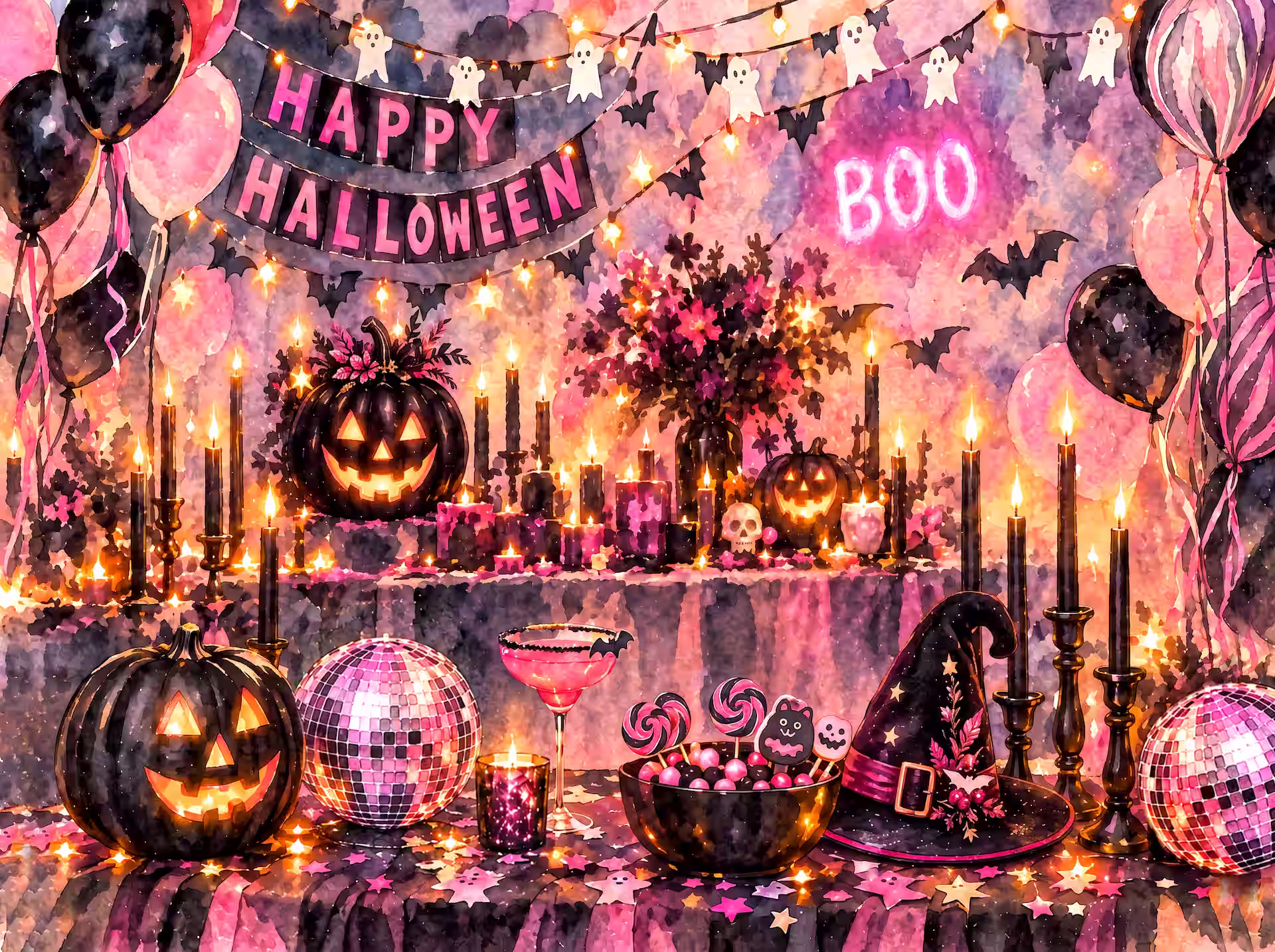 Witchcore jigsaw puzzle. A pink Halloween party table with black pumpkins, candles, balloons, disco balls, sweets, a witch hat and glowing garlands.
