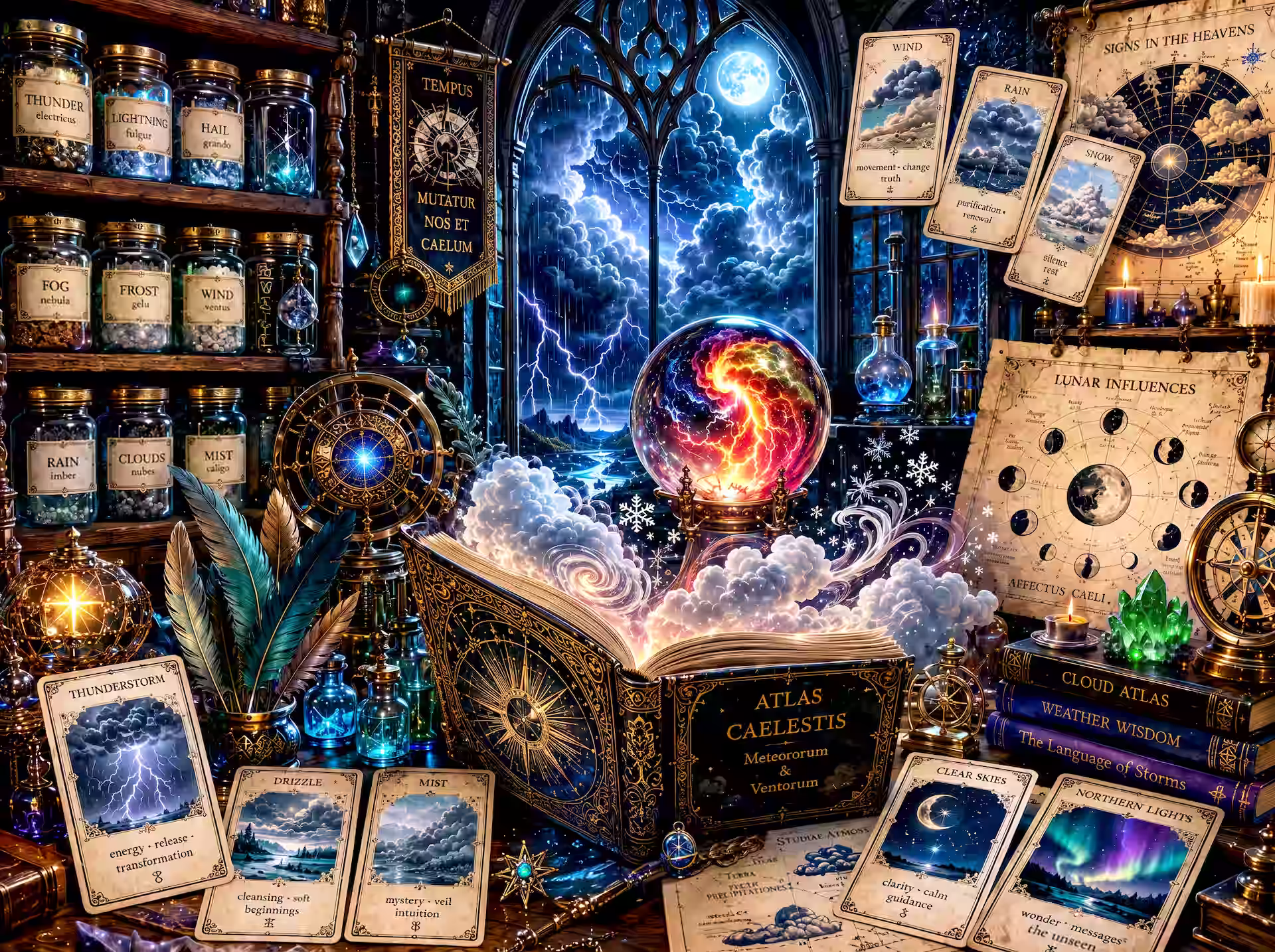 Witchcore jigsaw puzzle. A magical weather study with storm cards, glowing jars, moon charts and an open atlas filled with clouds and lightning.